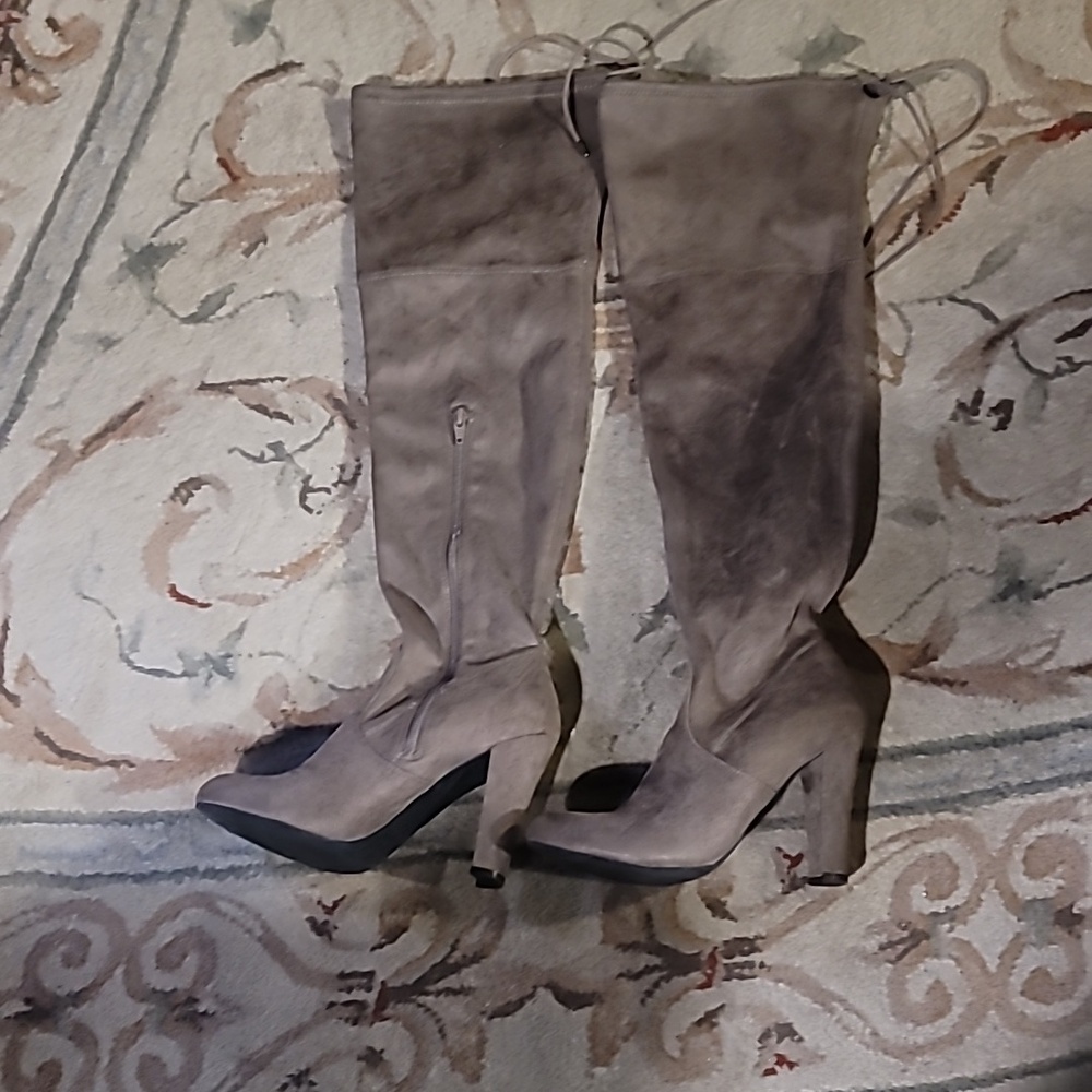 Over the knee, high-heeled boots, Tan.  Size 8 side zipper, lace tie in back.
